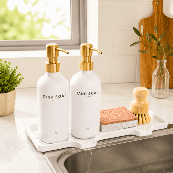 Kitchen Soap Dispenser Set: 17oz Glass Dish and Hand Soap Dispenser with Stainless Steel Pump, Instant Dry Tray, Dish Brush & Sponge, Refillable Countertop Sink Decor for Kitchen & Bath, White-Gold