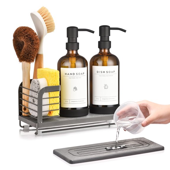Kitchen Soap Dispenser Set with Drying Tray – 16oz Glass Bottles with Stainless Steel Pumps, Sink Organizer Caddy with Brush Holder & Non-Slip Feet – All-in-One Dish & Hand Soap Station