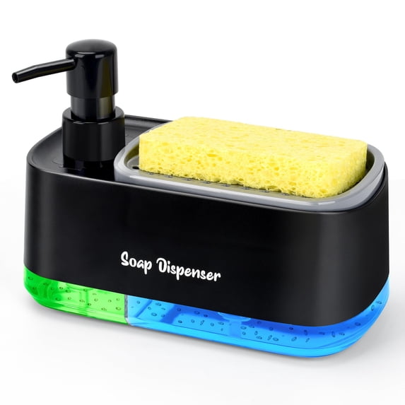 Kitchen Soap Dispenser Set, Dual Pump Hand and Dish Soap Holder with Sponge Tray, 3-in-1 Space Saving Sink Organizer, Black