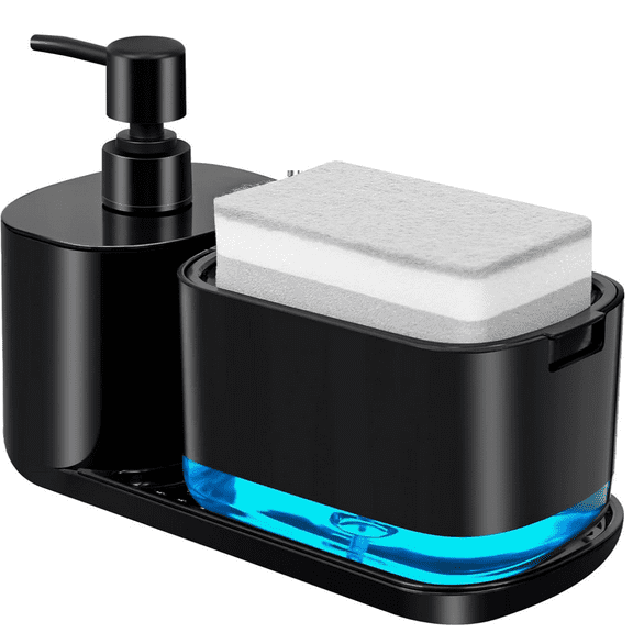 Kitchen Soap Dispenser Set, Soap Dispenser for Kitchen Sink, Dish Soap Dispenser with Sponge Holder, Tray, 3-in-1 Organizer for Kitchen Sink Countertop, Kitchen Gadgets
