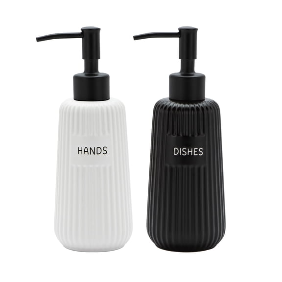 Kitchen Soap Dispenser Set with Stainless Steel Pump and Funnel, Modern Ceramic Refillable Hand and Dish Soap Dispenser Set for Kitchen, Bathroom, Office, Hotel, Matte Black and White