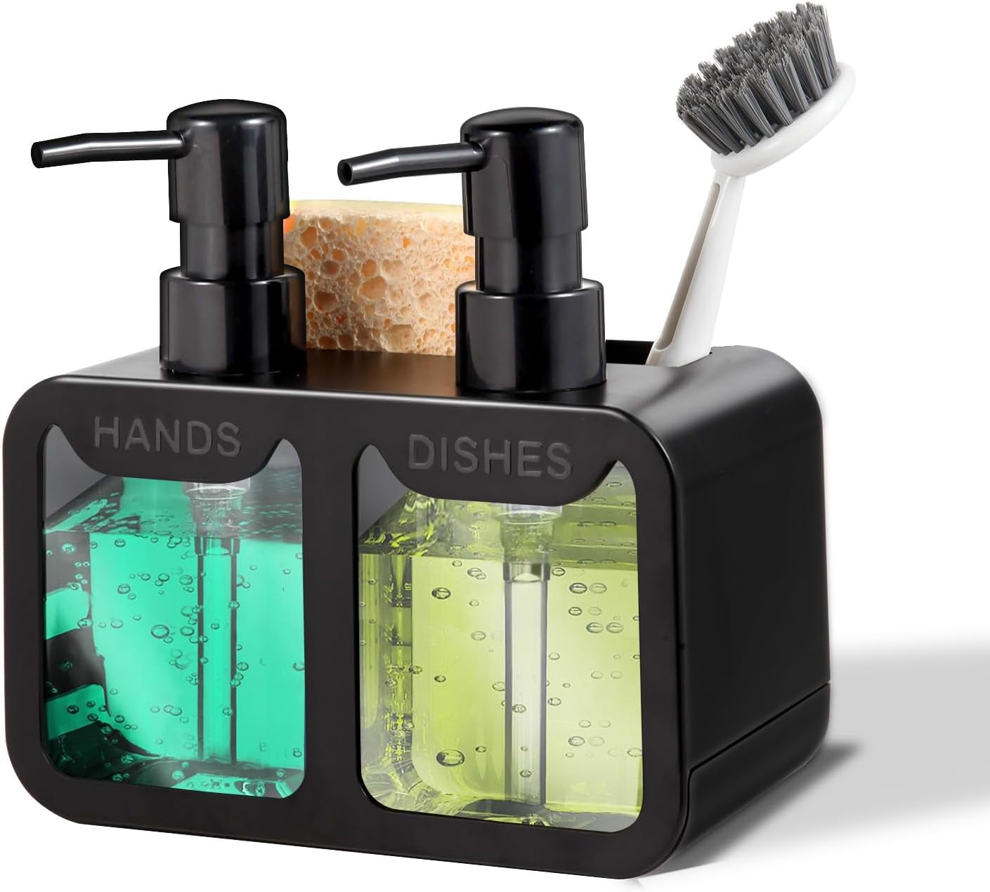 Kitchen Soap Dispenser Set, with Hand and Dish Soap, Sponge Caddy Brush Holder 4-in-1 Dual Set for Sink, Bathroom -