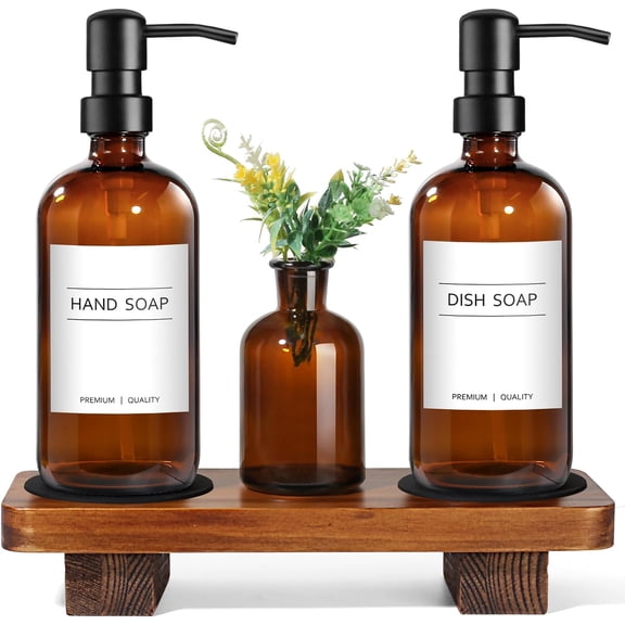 Kitchen Soap Dispenser Set with Wood Riser Tray, Amber Glass Stainless Steel Pump, Hand and Dish for Kitchen, Lotion Bathroom Decor(Amber)