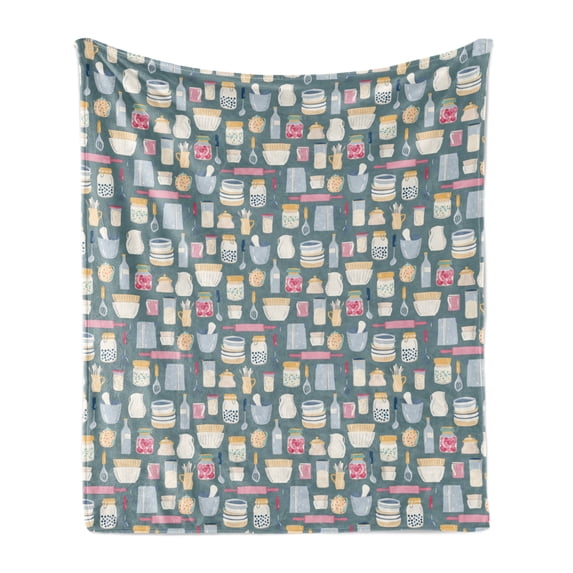 Kitchen Soft Flannel Fleece Throw Blanket, Modern Cooking Utensils Dishes Plates on Muted Backdrop Print, Cozy Plush for Indoor and Outdoor Use, 50" x 60", Multicolor, by Ambesonne