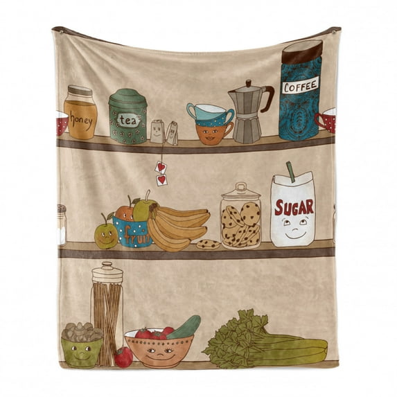 Kitchen Soft Flannel Fleece Throw Blanket, Shelf Sugar Banana Coffee Cookies Mocha Press Honey Fruits Food Tea Hipster, Cozy Plush for Indoor and Outdoor Use, 60" x 80", Multicolor, by Ambesonne