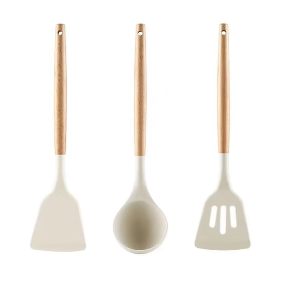 Kitchen Spatula Silicone, Wooden Kitchen Set, Silicone Utensil Set, Solid Slotted Ladle, Nonstick Pan, for Kitchen Cooking, Home Tool Set, Beige Finish, 3 Set