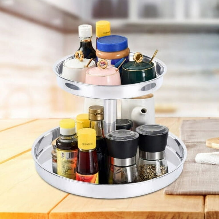 Kitchen Spice Jars Rack Lazy Susan 2 Tiers Seasoning Storage Holder Stainless