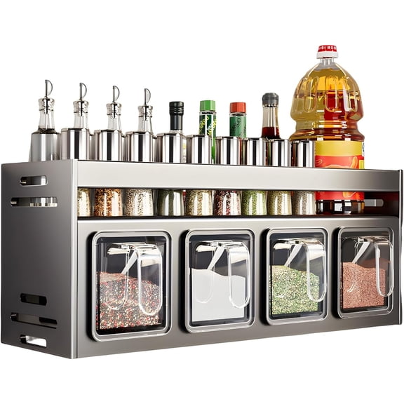 Kitchen Spice Rack, Double Layer Kitchen Organizer and Storage Rack, Spice Organization for Cabinets Punch-free Wall,Countertop Home Decor Multifunctional Double Layer 4 Grid Condiment Rack