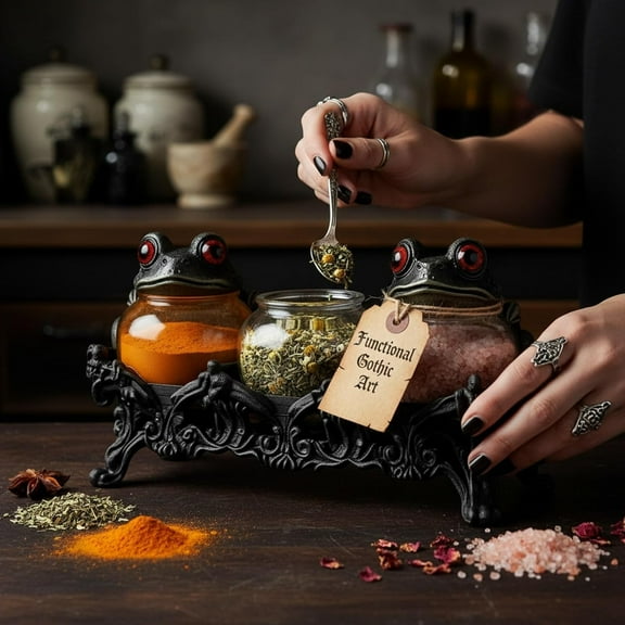 Kitchen Spice Storage Jars, 3PCS Witchy Frog Spice Jars Set, Gothic Style Iron Base Glass Bottle with Lid, Kitchen Decor Display Bottle, Unique Present for Witchcraft & Gothic Home Decor (Black)