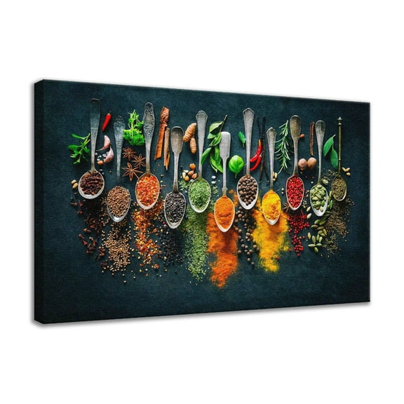 Kitchen Spice Wall Art Poster Décor Spoon Spice Seasoning Food Canvas Art Prints Mural for Home Kitchen Decoration - 16x24 inches Framed