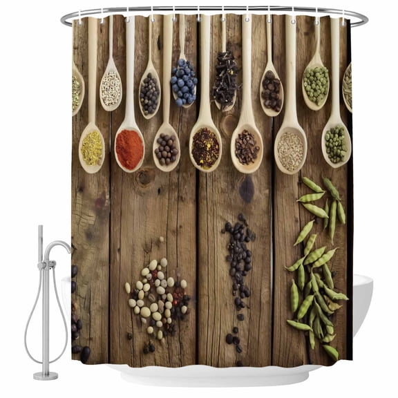 Kitchen Spices Curry Shower Curtain for Bathroom, Chilli Pepper Wood Farmhouses Waterproof Machine Washable Shower Curtain Set with Hooks, Bath Decoration for Home Bathtub Stall 36"x72"
