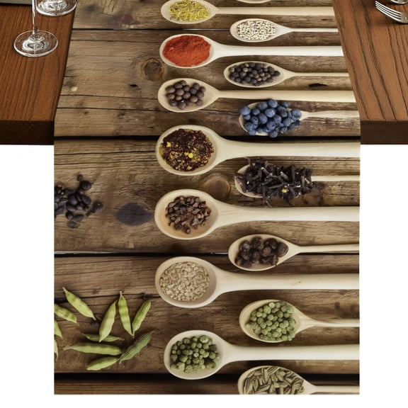 Kitchen Spices Curry Table Runner 36 Inches Long, Chilli Pepper Wood Farmhouses Cotton Linen Dining Table Runner Dresser Scarves for Home Kitchen Party Decor 13"x36"