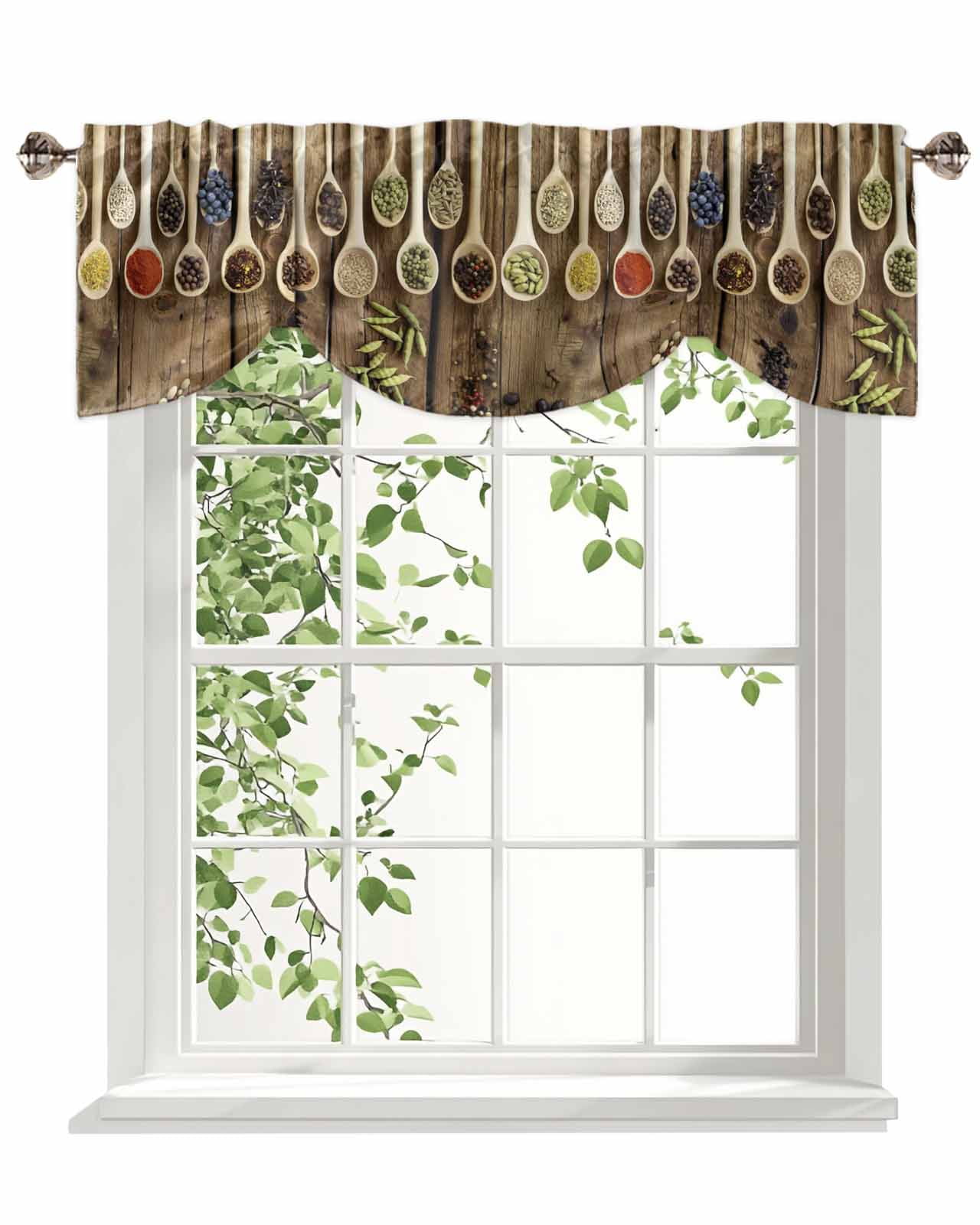 Kitchen Spices Curry Tie Up Valances Curtain, Adjustable Kitchen Chilli Pepper Wood Farmhouses Valances for Windows Decor, Rod Pocket Short Curtains Set for Bedroom/Bathroom, 60"x18"
