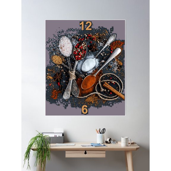 Kitchen Spices Wall Clock Clock Poster Wall Art, Modern Wall Decor For Living Room Bedroom, 24x36 UNFRAMED