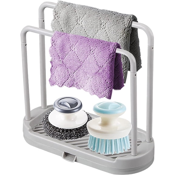 Kitchen Sponge Holder Dishcloth Hanger, Kitchen Sink Rack Tray Organizer Stand for Sponge, Dish Cloth, Rag, Brush, Scrubber Storage and Organization (Grey)