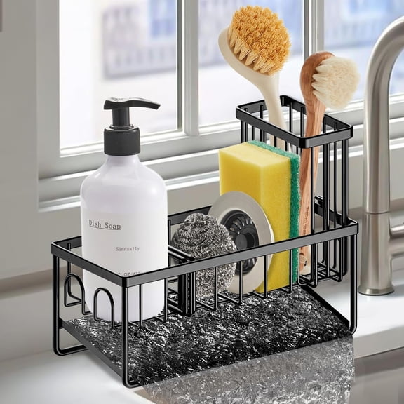 Kitchen Sponge Holder,Sink Caddy Organizer with Brush Holder,Stainless Steel Sink Box Dish Scrubber Holder with Self Drain Tray,Soap Dispenser Storage Accessories for Kitchen Counter(Black)