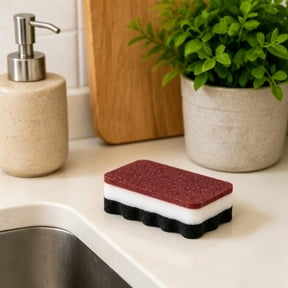 Kitchen Sponge Scrubber, Thickened 3-Layer PU Foam, Silicone Carbide Abrasive Top, Wave Bottom Grip for Dishes, Pots, Stainless Steel, Ceramic, Glass and Iron