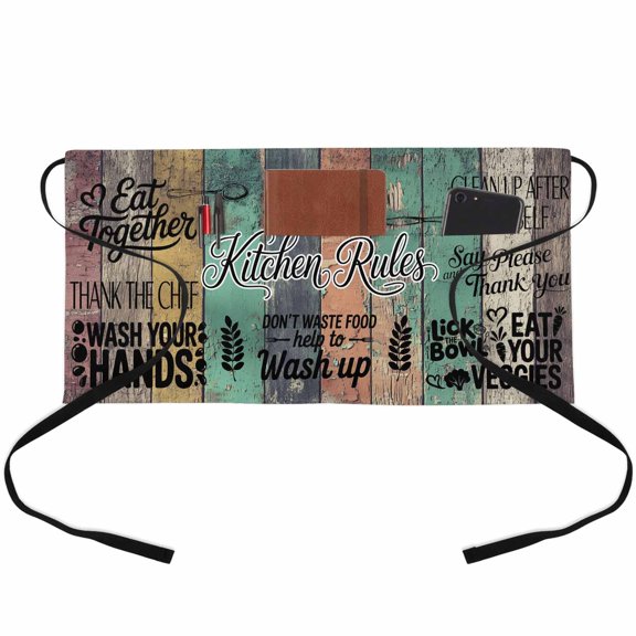Kitchen Spoon Knife Waitress Apron with 3 Pockets, Farmhouse Teal Brown Wooden Server Aprons Waterproof Kitchen Restaurant Half Waist Apron for Men Women