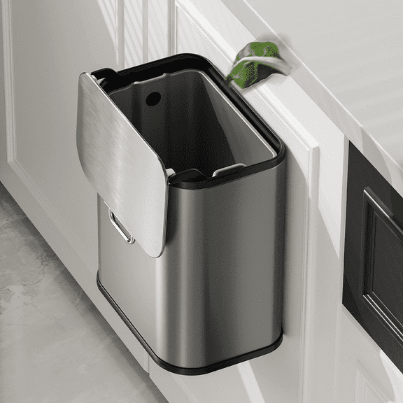 Kitchen Stainless Steel Compost Bin with Lid Countertop, 6l / 1.6gal Small Indoor Hanging Trash Can for Cabinet Door, Small Under Sink Food Scraps Garbage Pail, Eclipse-Grey