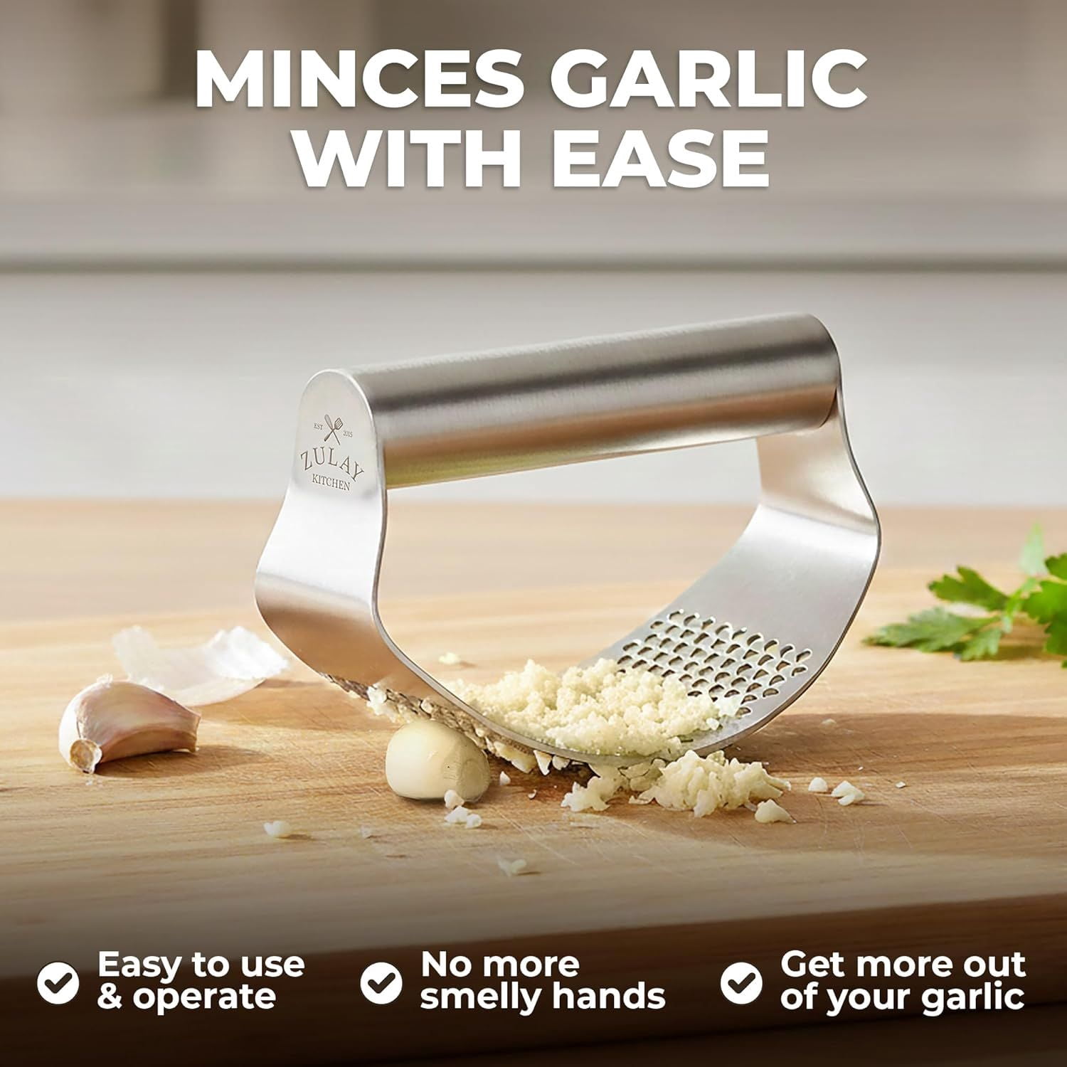 Kitchen Stainless Steel Garlic Press Rocker Set Time Saving Durable Strong Garlic Mincer Tool Easy to Use and Clean Garlic Crusher Set with Peeler and Scraper Kitchen Gadget Smasher