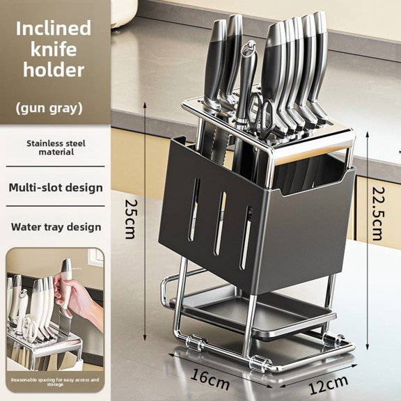 Kitchen Stainless Steel Knife Rack Slanted Insert Milk White Scissors and Kitchen Knives with Tray Draining Multi-Slot Countertop Storage Rack