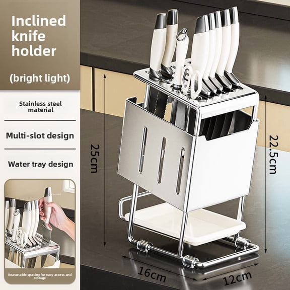 Kitchen Stainless Steel Knife Rack Slanted Insert Milk White Scissors and Kitchen Knives with Tray Draining Multi-Slot Countertop Storage Rack