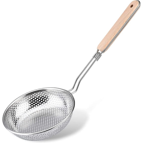 Kitchen Stainless Steel Micro-Perforated Skimmer Strainer,Pasta Noodle Net Basket with Wooden Handle(25 Ounce)
