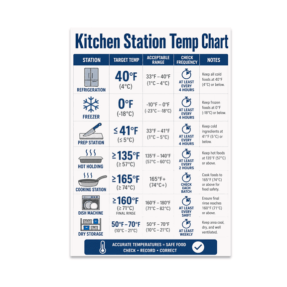 Kitchen Station Temp Chart - Restaurant Cook - 13x19 Poster Print