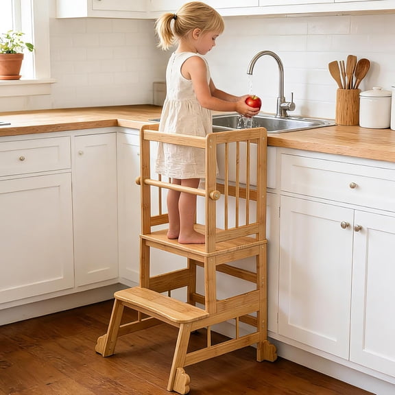 Kitchen Step Stool with Safety Rails & Anti-Slip Feet,Standing Tower for Kitchen Counter Learning - Hold Up to 450lbs,Anti-Slip Feet Learning Tower,Natural Bamboo
