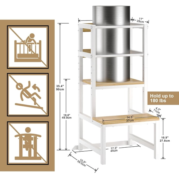 Kitchen Step Stool for Toddlers, Height Adjustable Toddler Tower with Safety Rail, Steel and Wood Toddler Kitchen Stool Helper Kids, Stool for Kids, Learning Tower, Kids' Desk Wood White