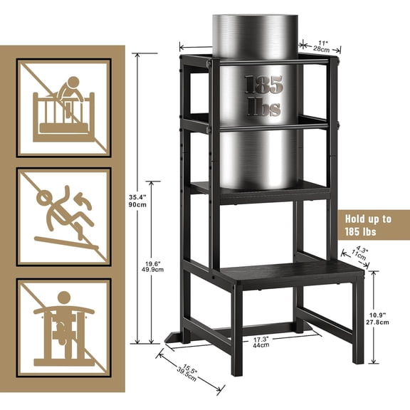 Kitchen Step Stool for Toddlers, Height Adjustable Toddler Tower with Safety Rail, Steel and Wood Toddler Kitchen Stool Helper Kids, Stool for Kids, Learning Tower, Kids' Desk Black