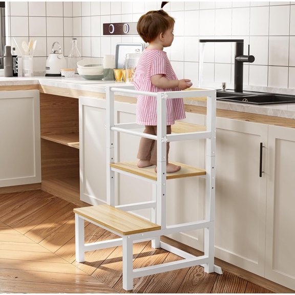 Kitchen Step Stool for , Height Adjustable Tower with Safety Rail, Steel and Kitchen Stool Helper , Stool for , Learning Tower, ' Desk White