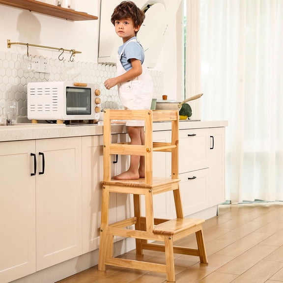 Kitchen Step Stool for Kids with Safety Rail,Solid Wood Construction Toddler Learning Stool, Montessori Toddlers Kitchen Stool Tower(Natural)