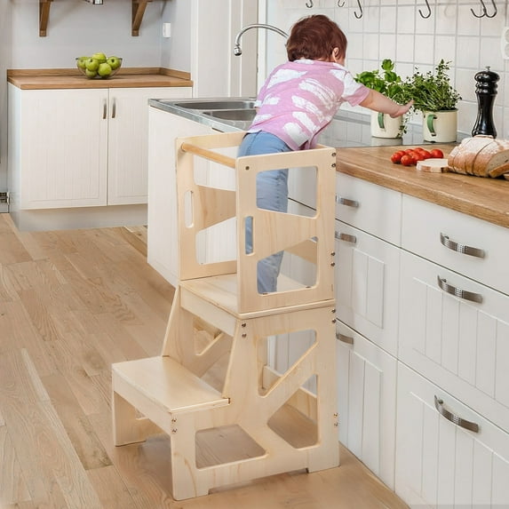Kitchen Step Stool for Toddlers, CAVEEN Adjustable Kids Step with Safety Rail , Tower for Kids Standing, Nature
