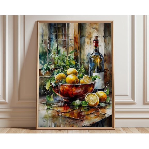 Kitchen Still Life Lemons And Wine Rustic Window Wall Art Print, Unframed Paper Poster 8x10in