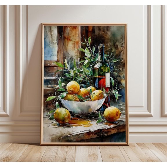 Kitchen Still Life Poster Lemons and Wine Print Rustic Window Art 1