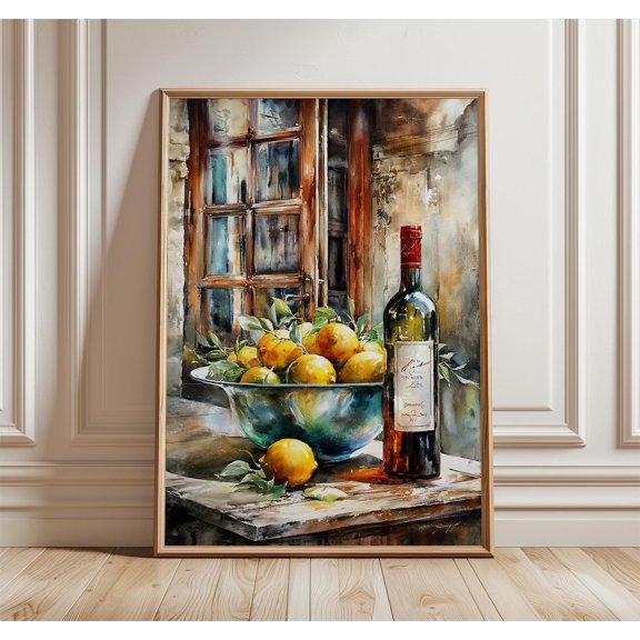 Kitchen Still Life Poster Lemons and Wine Print Rustic Window Art 2
