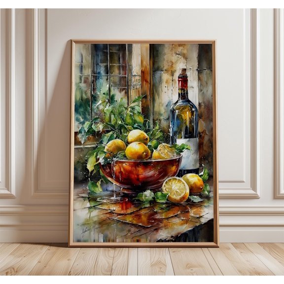 Kitchen Still Life Poster, Lemons and Wine Print, Rustic Window Art, Poster Only