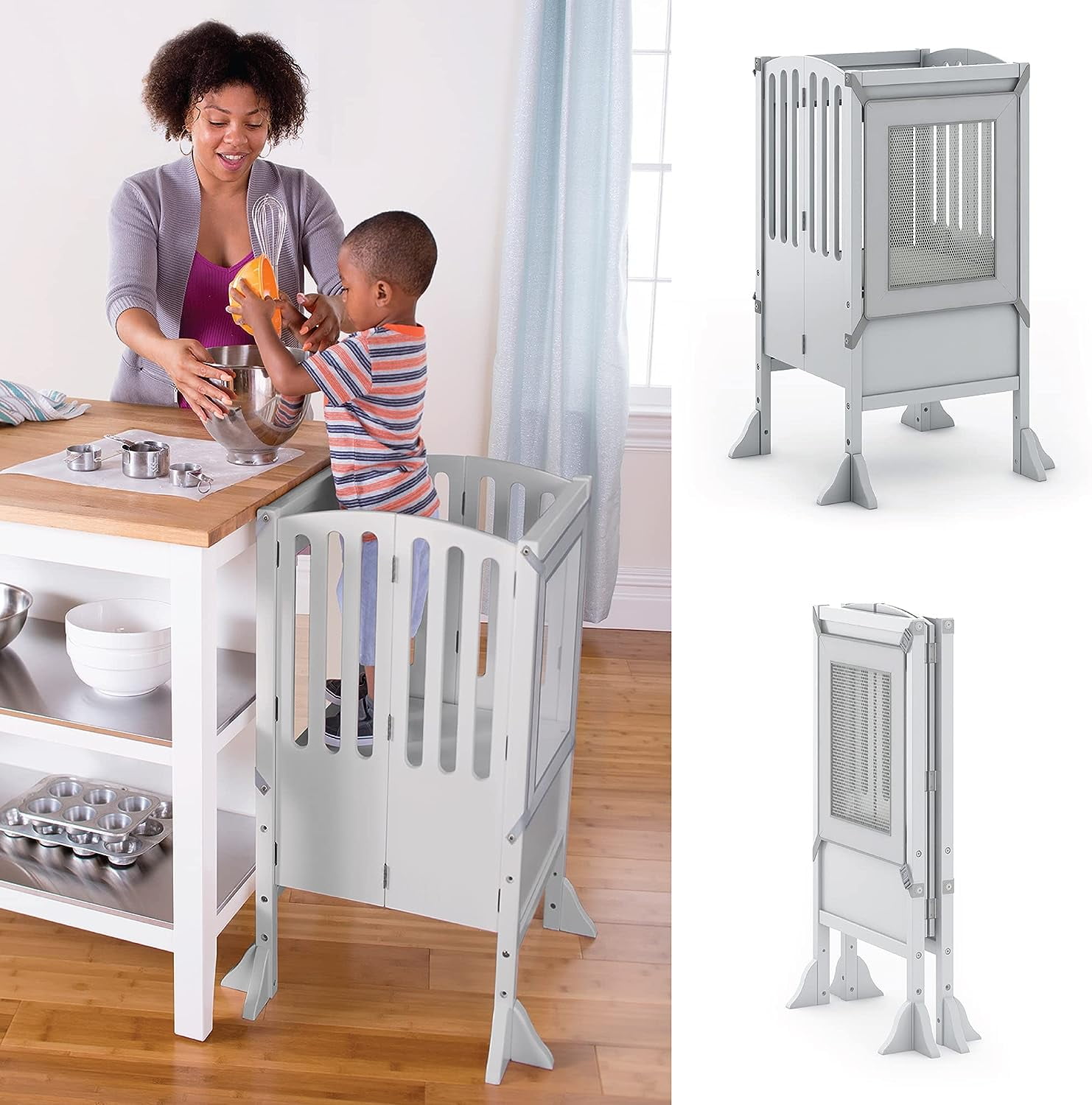 Kitchen Stool and 2 Keepers Folding, Adjustable Height, Wooden Cooking Step Stool for Toddlers