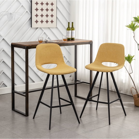 Kitchen Stools Set of 2, Yellow | Enjoy Comfort at Bar with Footrests | Polyester Upholstery for Softness | Eases Unstable Seating with Sturdy Legs