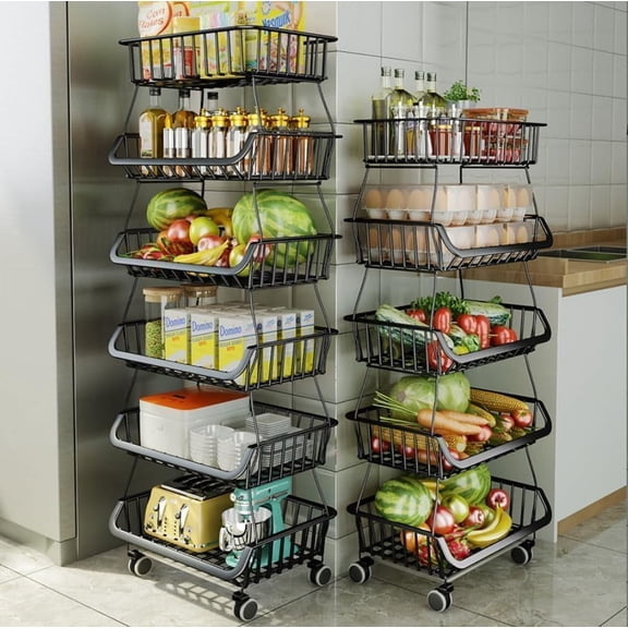 Kitchen Storage Baskets Black Iron Wire Storage Bins with Wheels and Feet, Stackable Vegetable Storage Baskets (6-Tier Baskets)