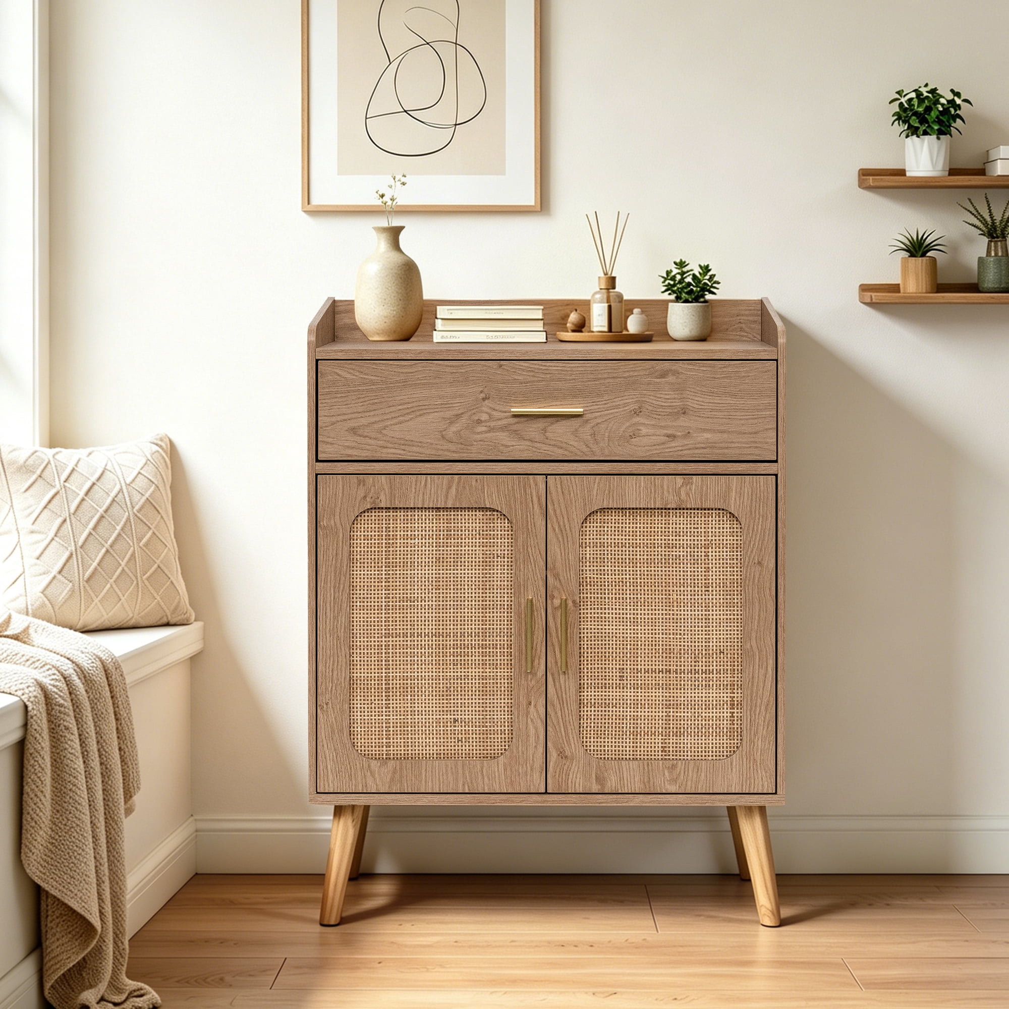 Kitchen Storage Cabinet, 2 Door Cabinets & 1 Drawer, Wood Grain, Coffee Bar Station