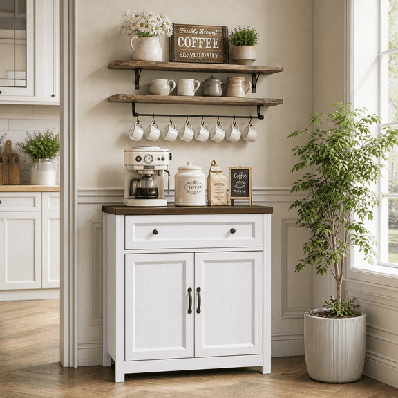 Kitchen Storage Cabinet, 30" Sideboard Buffet Cabinet Sideboard Buffet Cabinet with Adjustable Shelf and Large Drawer, Freestanding Cabinet for Kitchen, Living Room, Entryway, White & Retro
