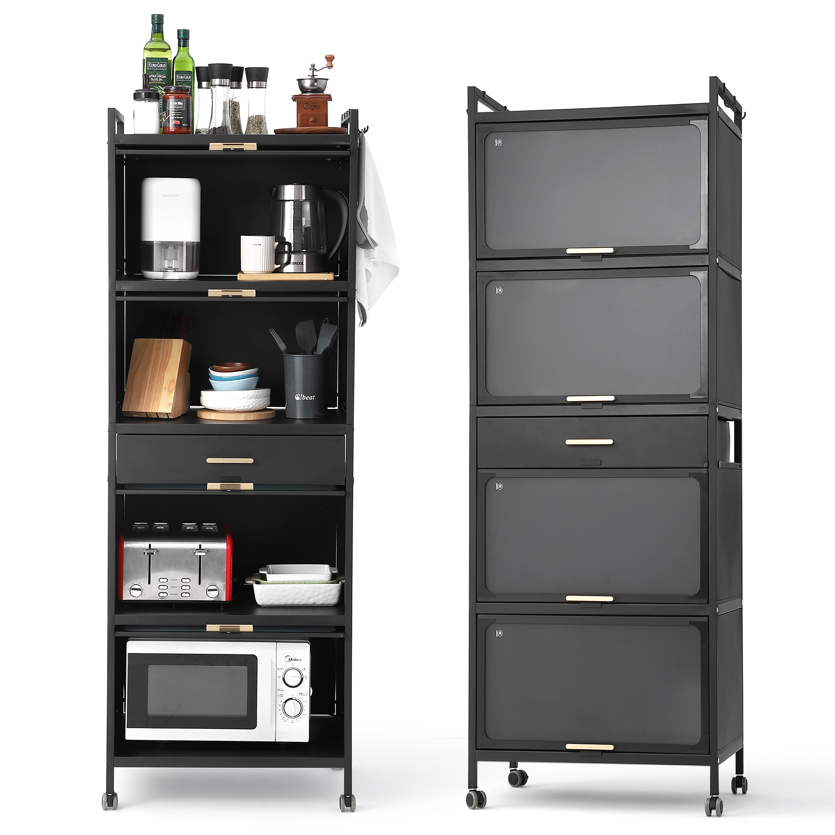 Kitchen Storage 5 Tiers Freestanding Buffet Cupboards Sideboard with Brakeable Casters