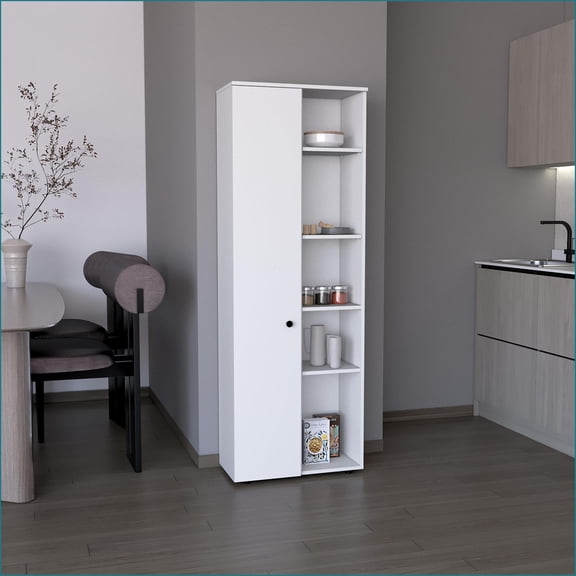 Kitchen Storage Cabinet 67"H Modern White with 1 Door & 10 Shelves | Laminated Particle Board