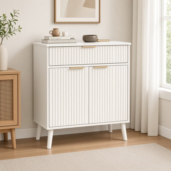 Kitchen Storage Cabinet with Adjustable Shelves, 1 Drawer and 2 Doors, Solid Wood Feet Floor Sideboard Buffet for Living Room, Kitchen, Entryway, White