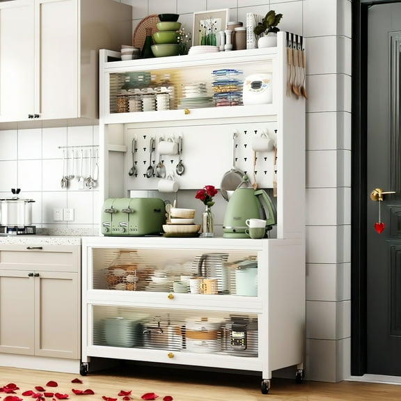 RAZXNAOR Kitchen Storage Cabinet, Bakers Rack Countertop, Microwave Oven Shelf Cabinet, Coffee Bar Station Organizer with Flip Doors (White, 60cm)