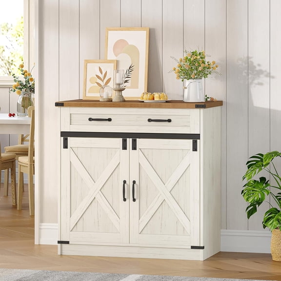 Kitchen Storage Cabinet, Buffet Cabinet with Storage, Modern Farmhouse Sideboard Cabinets with Drawer, 31.5" Coffee Bar Cabinets with Doors & Adjustable Shelves, for Kitchen, White Brown