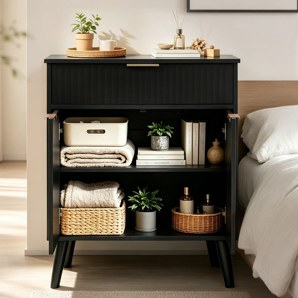 Kitchen Storage Cabinet, Buffet Cabinet with 2 Doors & Drawer, Adjustable Shelves, Wood Sideboard with Solid Wood Legs, Black