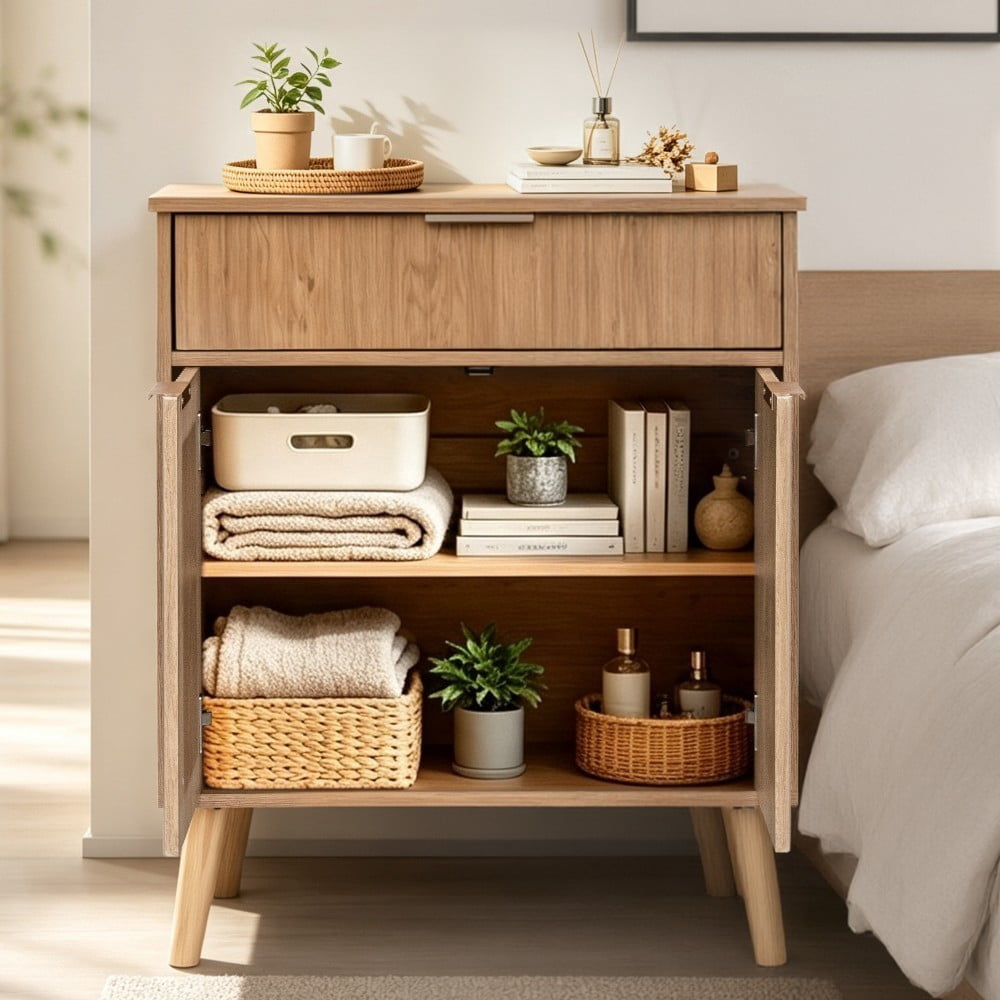 Kitchen Storage Cabinet, Buffet Cabinet with 2 Doors & Drawer, Adjustable Shelves, Wood Sideboard with Solid Wood Legs, Natural